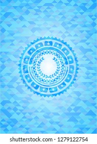 leaf crown icon inside light blue emblem with triangle mosaic background