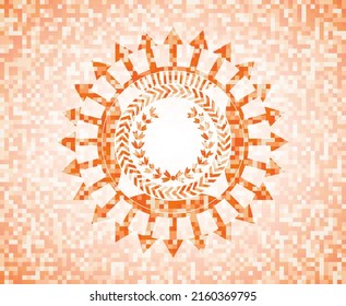 leaf crown icon inside orange mosaic emblem. 