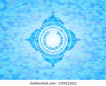 leaf crown icon inside realistic light blue emblem. Mosaic background