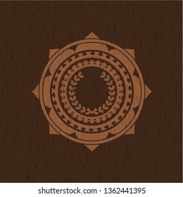 leaf crown icon inside realistic wooden emblem