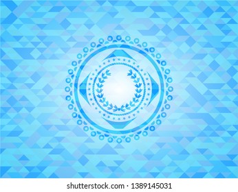 leaf crown icon inside realistic light blue emblem. Mosaic background