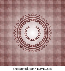 leaf crown icon inside red seamless emblem with geometric pattern.