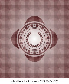 leaf crown icon inside red emblem with geometric pattern. Seamless.