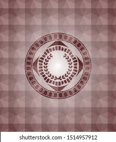 leaf crown icon inside red emblem with geometric pattern background. Seamless.