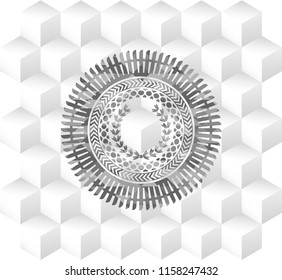 leaf crown icon inside retro style grey emblem with geometric cube white background