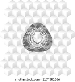 leaf crown icon inside retro style grey emblem with geometric cube white background