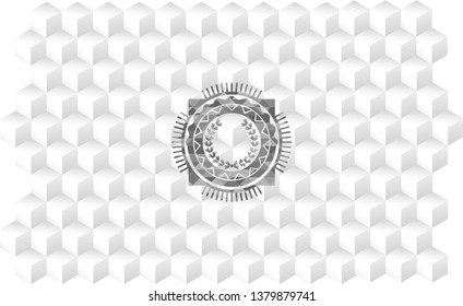 leaf crown icon inside retro style grey emblem with geometric cube white background