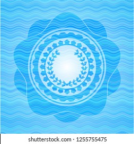 leaf crown icon inside sky blue water wave emblem.