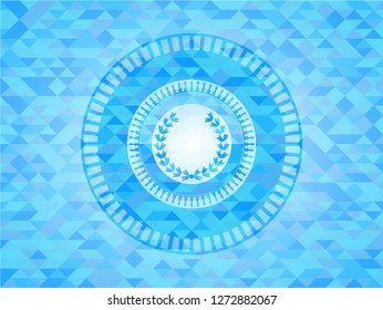 leaf crown icon inside sky blue emblem. Mosaic background