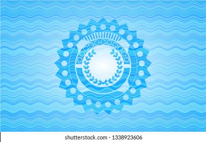 leaf crown icon inside sky blue water wave emblem background.