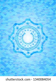 leaf crown icon inside sky blue emblem with mosaic ecological style background