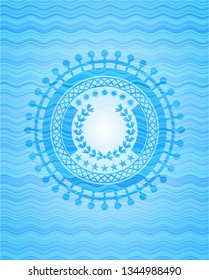 leaf crown icon inside sky blue water wave badge background.