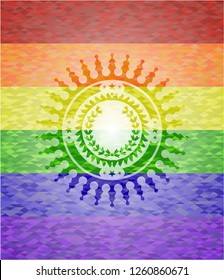 leaf crown icon on mosaic background with the colors of the LGBT flag