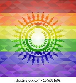 leaf crown icon on mosaic background with the colors of the LGBT flag