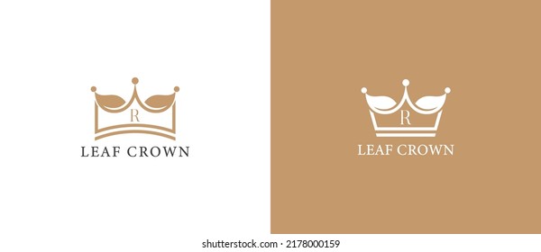 Leaf Crown Logo Concept sign icon symbol Design with Letter R. Crown Logo Design. Vector illustration logo template