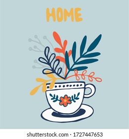 Hojas y una taza de té con letras "Home". Ilustración vectorial dibujada a mano. Objeto aislado