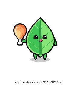 leaf cute mascot is eating a fried chicken , cute style design for t shirt, sticker, logo element