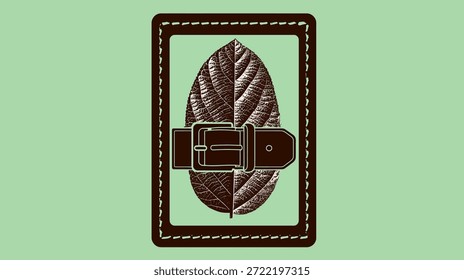 Un diseño de hoja capturado dentro de un rectángulo cosido, asegurado con un cinturón en un fondo verde claro