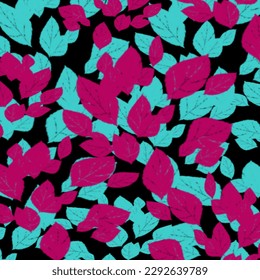 Diseño de hojas para tela, impresión textil, envolturas, con fondo negro.