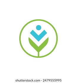 leaf design logo with an abstract image of a human at the tip of the leaf