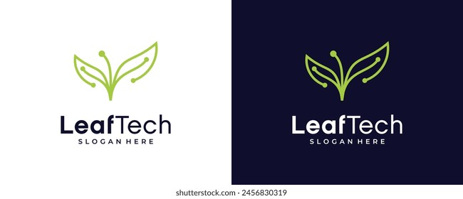 inspiración del logotipo del diseño de la hoja con las líneas tecnológicas de la conexión