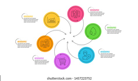 Leaf dew, Add person and Creative design line icons set. Infographic timeline. Like video, Infographic graph and Shopping cart signs. Water drop, Edit user data, Designer. Thumbs up. Vector