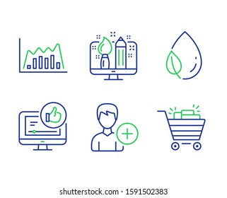 Leaf dew, Add person and Creative design line icons set. Like video, Infographic graph and Shopping cart signs. Water drop, Edit user data, Designer. Thumbs up. Business set. Vector