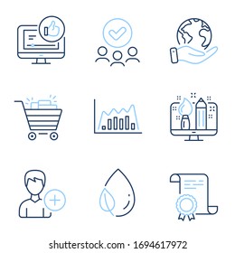 Leaf dew, Add person and Creative design line icons set. Diploma certificate, save planet, group of people. Like video, Infographic graph and Shopping cart signs. Vector