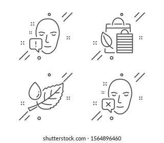 Leaf dew, Bio shopping and Face attention line icons set. Face declined sign. Water drop, Leaf, Exclamation mark. Identification error. Healthcare set. Line leaf dew outline icon. Vector