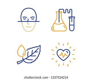 Leaf dew, Chemistry lab and Face recognition icons simple set. Heartbeat sign. Water drop, Medical laboratory, Faces biometrics. Medical heart. Healthcare set. Linear leaf dew icon. Vector