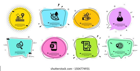 Leaf dew, Chemistry lab and World travel line icons set. Chat bubbles with quotes. Report, Water analysis and Roller coaster signs. Weather phone, Analysis graph symbols. Vector