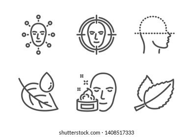 Leaf dew, Face cream and Face detect icons simple set. Mint leaves sign. Water drop, Gel. Healthcare set. Line leaf dew icon. Editable stroke. Vector