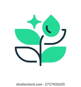 Folha com Ícone Linha de Orvalho, Símbolo de Contorno para Natureza, Manhã, Frescura, Flora e Umidade. Ícone de sinal vetorial.