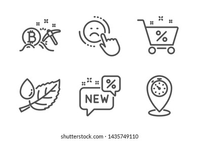Leaf dew, Loan percent and New icons simple set. Dislike, Bitcoin mining and Timer signs. Water drop, Shopping cart. Business set. Line leaf dew icon. Editable stroke. Vector