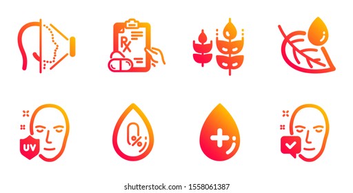 Leaf dew, No alcohol and Uv protection line icons set. Gluten free, Prescription drugs and Oil serum signs. Face id, Face accepted symbols. Water drop, Mineral oil. Healthcare set. Vector