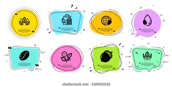 Leaf dew, Organic tested and Acorn line icons set. Chat bubbles with quotes. Fair trade, Coffee beans and Environment day signs. Leaves, Bio shopping symbols. Water drop, Bio ingredients. Vector