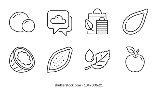 Leaf dew, Peas and Coconut line icons set. Weather forecast, Pumpkin seed and Cocoa nut signs. Apple, Bio shopping symbols. Water drop, Vegetarian seed, Vegetarian nut. Nature set. Vector