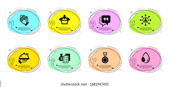 Leaf dew, Quote bubble and Accounting wealth signs. Timeline infographic. Restaurant food, Clapping hands and Medal line icons set. Get box, Networking symbols. Room service, Clap. Vector