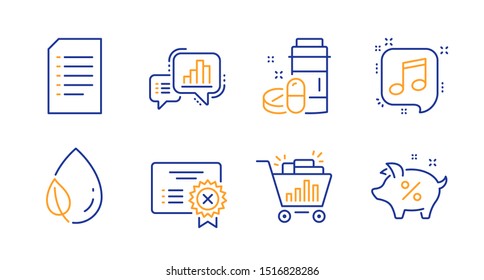 Leaf dew, Seo shopping and Reject certificate line icons set. Graph chart, Document and Musical note signs. Medical drugs, Loan percent symbols. Water drop, Analytics. Business set. Vector