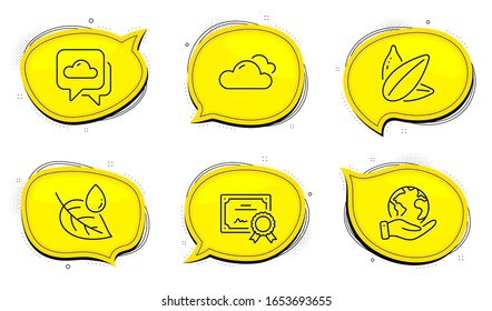 Leaf dew sign. Diploma certificate, save planet chat bubbles. Weather forecast, Sunflower seed and Cloudy weather line icons set. Cloudy, Vegetarian food, Sky climate. Water drop. Nature set. Vector