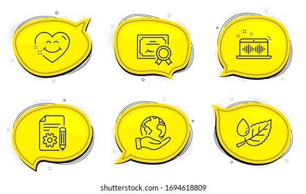 Leaf dew sign. Diploma certificate, save planet chat bubbles. Smile face, Documentation and Music making line icons set. Love heart, Project, Dj app. Water drop. Business set. Vector