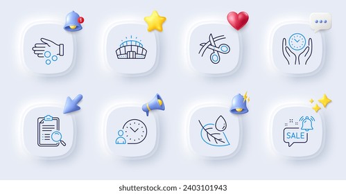 Leaf dew, Time management and Donation money line icons. Buttons with 3d bell, chat speech, cursor. Pack of Arena stadium, Promotion bell, Search analysis icon. Safe time, Scissors pictogram. Vector