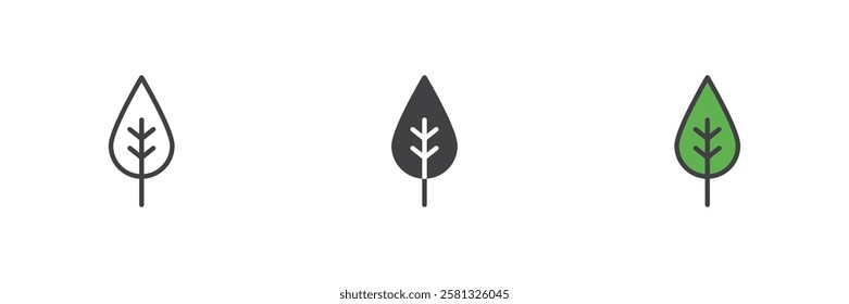Leaf different style icon set. Line, glyph and filled outline colorful version, outline and filled vector sign. Symbol, logo illustration. Vector graphics