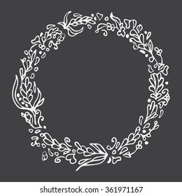 Leaf doodle wreath. Chalkboard imitation. Vintage round frame on blackboard. Space for text.Floral vector illustration.Template for wedding invitation, save the date,greeting card. Decorative element.