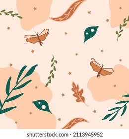 leaf with dragonfly illustration. scandinavian style. brown pastel with green colors. hand drawn vector. doodle art for wallpaper, poster, banner, scrapbook, wall decoration, greeting card, cover. 