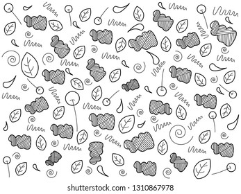 Leaf, drop, spiral, cherry, cloud. Wallpaper, Background, texture, coloring. Children's drawing, postcard. Black white graphics