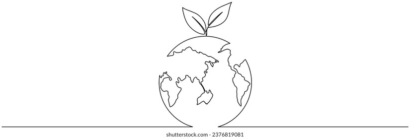 Leaf with Earth globe continuous line drawn. Linear world map with plant. Save Planet concept. Vector illustration isolated on white.