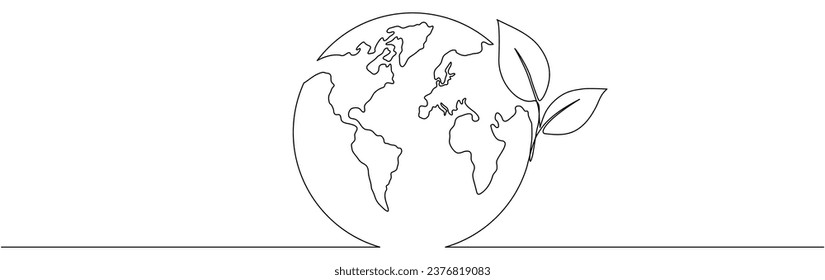 Hoja con línea continua del globo terrestre dibujada. Mapa del mundo lineal con planta. Guardar el concepto Planeta. Ilustración vectorial aislada en blanco.