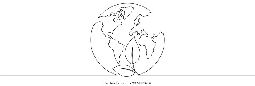 Leaf with Earth globe continuous line drawn. Linear world map with plant. Save Planet concept. Vector illustration isolated on white.