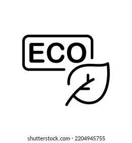 Hoja con icono de línea de texto eco. Hoja de árbol, planta, reciclado, botánica, flor, planta, salvar el mundo, laboratorio, amigable con el medio ambiente. Concepto de ecología. Icono de línea negra del vector en fondo blanco